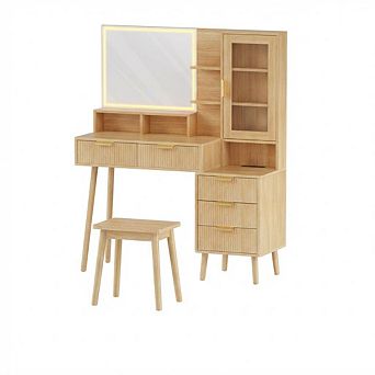 Fluted Vanity Desk with Mirror and Lights