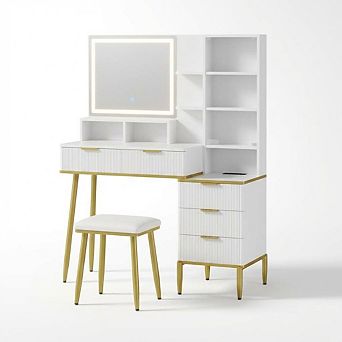 Fluted Makeup Vanity Set with LED Lights and Mirror