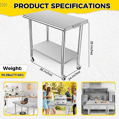36x24x35 Inch Double-Layer Workbench With Casters And No Rear Panel