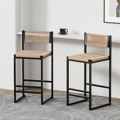 GOODSILO Paper Rope Woven Bar Stools Set of Two with Footrest for Kitchen Island