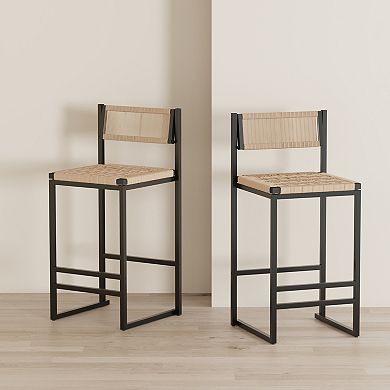 GOODSILO Paper Rope Woven Bar Stools Set of Two with Footrest for Kitchen Island
