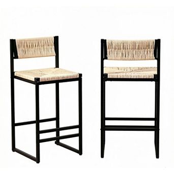 GOODSILO Paper Rope Woven Bar Stools Set of Two with Footrest for Kitchen Island