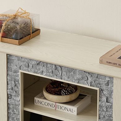 58" Storage Cabinet with 2-Door Storage Faux Stone Media Console Cabinet