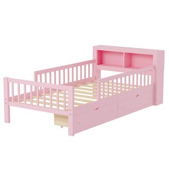 GOODSILO Twin Size Storage Bed with Safety Guardrails and Under-Bed Drawers