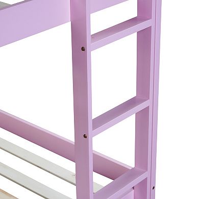 GOODSILO Twin Over Twin Floor Bunk Bed with Ladder Solid Wood Construction