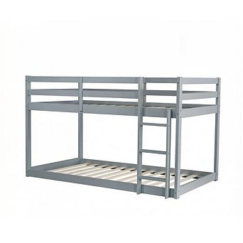 GOODSILO Twin Over Twin Floor Bunk Bed with Ladder Solid Wood Construction