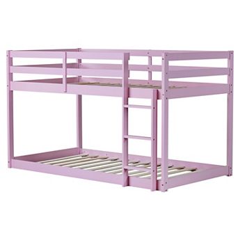 GOODSILO Twin Over Twin Floor Bunk Bed with Ladder Solid Wood Construction
