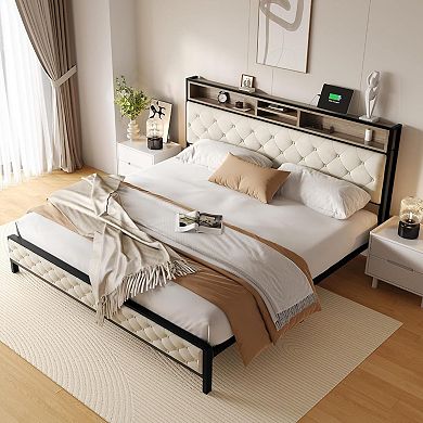 GOODSILO King Size Platform Bed Frame with Charging Station Storage Headboard