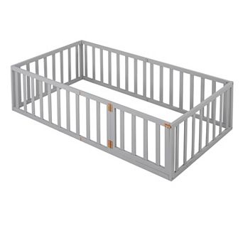 GOODSILO Twin Floor Bed with Safety Fence and Entry Door for Kids Room Furniture