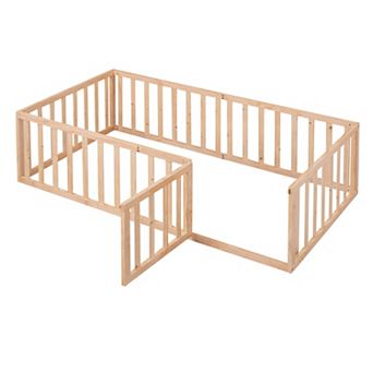GOODSILO Twin Floor Bed with Safety Fence and Entry Door for Kids Room Furniture