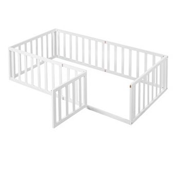 GOODSILO Twin Floor Bed with Safety Fence and Entry Door for Kids Room Furniture