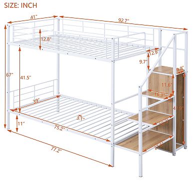 GOODSILO Metal Twin Over Twin Bunk Bed with Storage Ladder and Wardrobe