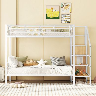 GOODSILO Metal Twin Over Twin Bunk Bed with Storage Ladder and Wardrobe