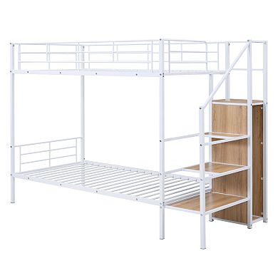 GOODSILO Metal Twin Over Twin Bunk Bed with Storage Ladder and Wardrobe