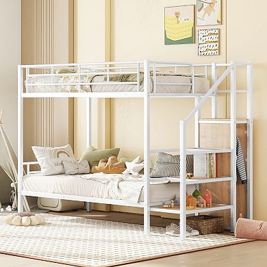 GOODSILO Metal Twin Over Twin Bunk Bed with Storage Ladder and Wardrobe