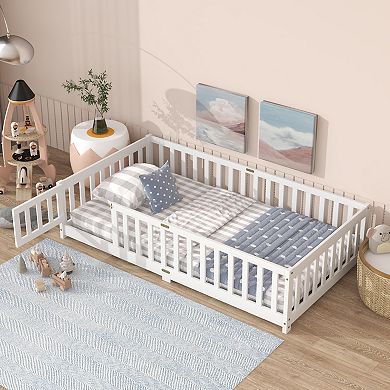 GOODSILO Twin Size Floor Bed with Safety Guardrails and Entry Door