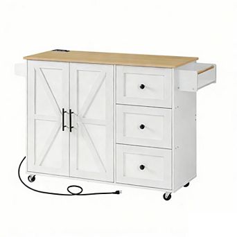 3 Large Drawers Kitchen Island with Power Outlet, Rolling Kitchen Island on Wheels