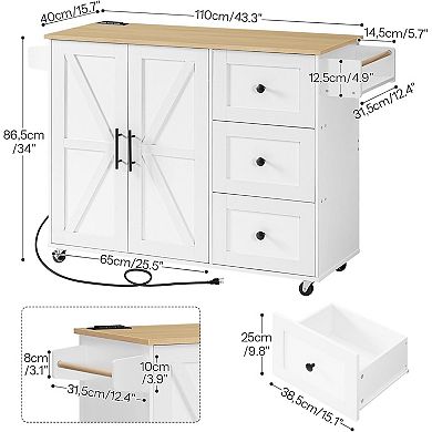 3 Large Drawers Kitchen Island with Power Outlet, Rolling Kitchen Island on Wheels