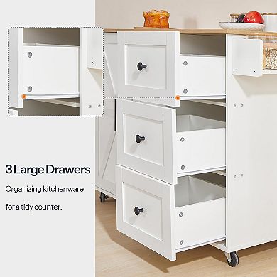 3 Large Drawers Kitchen Island with Power Outlet, Rolling Kitchen Island on Wheels