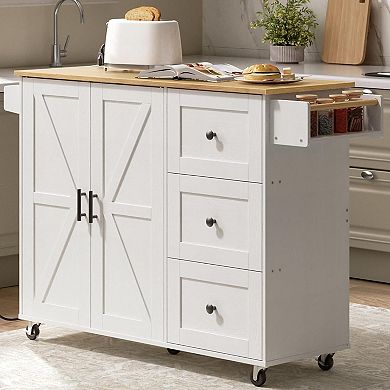 3 Large Drawers Kitchen Island with Power Outlet, Rolling Kitchen Island on Wheels