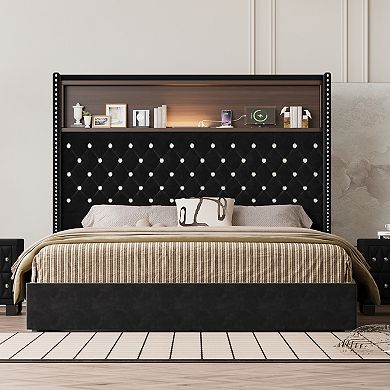 GOODSILO Queen Size Velvet Tufted Platform Bed Frame with USB Charging Port