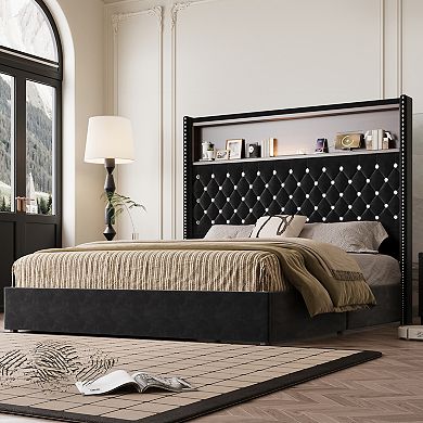 GOODSILO Queen Size Velvet Tufted Platform Bed Frame with USB Charging Port