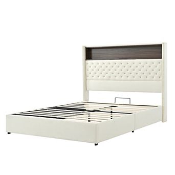 GOODSILO Queen Size Velvet Tufted Platform Bed Frame with USB Charging Port