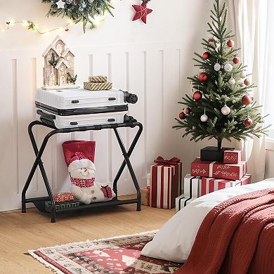 Luggage Rack, Folding Suitcase Stand with Fabric Storage Shelf for Guest Room, Bedroom