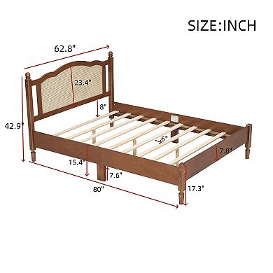 GOODSILO Queen Size Wooden Platform Bed with Rattan Headboard Vintage Bed Frame