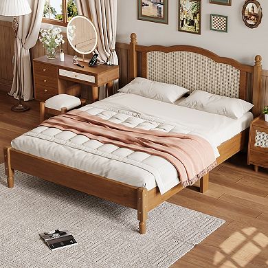 GOODSILO Queen Size Wooden Platform Bed with Rattan Headboard Vintage Bed Frame