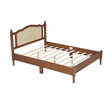 GOODSILO Queen Size Wooden Platform Bed with Rattan Headboard Vintage Bed Frame