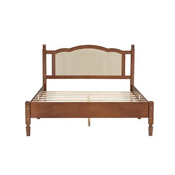 GOODSILO Queen Size Wooden Platform Bed with Rattan Headboard Vintage Bed Frame