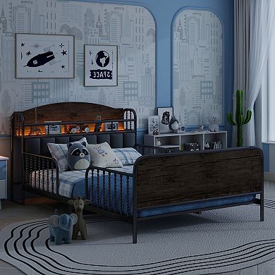 GOODSILO Full Size Metal Platform Bed Frame with LED Lights and Storage Headboard