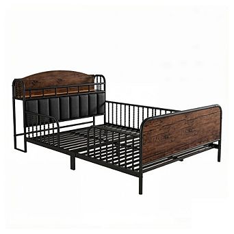 GOODSILO Full Size Metal Platform Bed Frame with LED Lights and Storage Headboard
