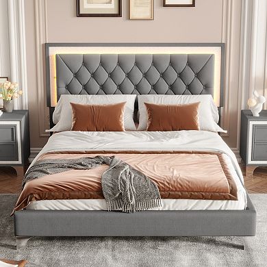 GOODSILO Modern Velvet Platform Bed Frame with LED Lighting and Tufted Headboard