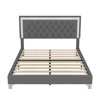 GOODSILO Modern Velvet Platform Bed Frame with LED Lighting and Tufted Headboard