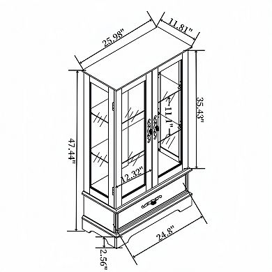 Glass Cabinet with Adjustable Glass Shelves 2 Doors and 1 drawer Cabinet Bulb Included