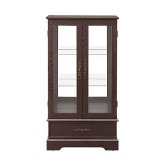 Glass Cabinet with Adjustable Glass Shelves 2 Doors and 1 drawer Cabinet Bulb Included