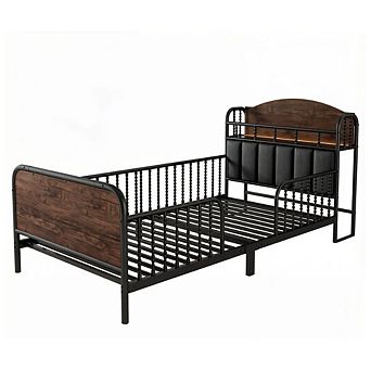 GOODSILO Twin Size Metal Platform Bed Frame with LED Lights and Storage Headboard