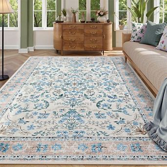 Washable Area Rug, Boho Floral Soft Rugs for Living Room, Non Slip Low Pile Carpet for Bedroom