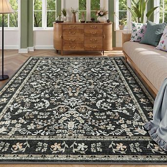 Washable Area Rug, Boho Floral Soft Rugs for Living Room, Non Slip Low Pile Carpet for Bedroom