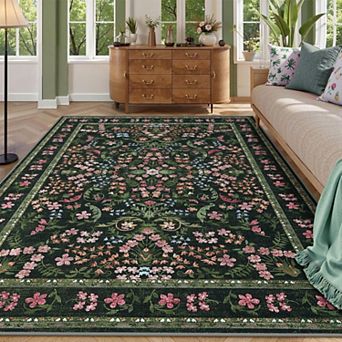 Washable Area Rug, Boho Floral Soft Rugs for Living Room, Non Slip Low Pile Carpet for Bedroom