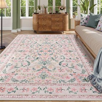 Washable Area Rug, Boho Floral Soft Rugs for Living Room, Non Slip Low Pile Carpet for Bedroom