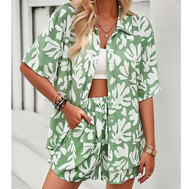 Women's Short Sleeve Two-Piece Set Printed Shirt Shorts Loungewear Set