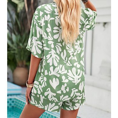 Women's Short Sleeve Two-Piece Set Printed Shirt Shorts Loungewear Set