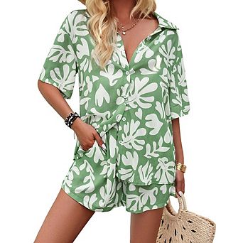 Women's Short Sleeve Two-Piece Set Printed Shirt Shorts Loungewear Set