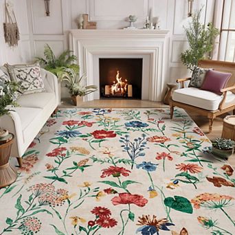 Area Rug for Living Room, Floral Washable Rugs Low Pile, Soft Non Slip Vintage Carpet
