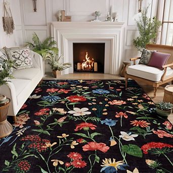 Area Rug for Living Room, Floral Washable Rugs Low Pile, Soft Non Slip Vintage Carpet