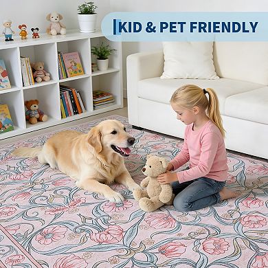Area Rug, Floral Modern Washable Rugs, Non-Slip Low-Pile Soft Floor Carpet