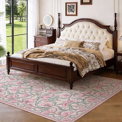 Area Rug, Floral Modern Washable Rugs, Non-Slip Low-Pile Soft Floor Carpet